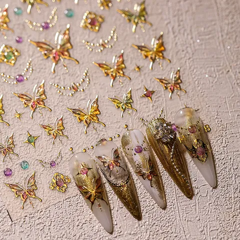 Luxury 5D Embossed Butterfly Nail Art Stickers Bronzing Metallic Butterfly Star Moon Nail Decals For Manicure Decoration