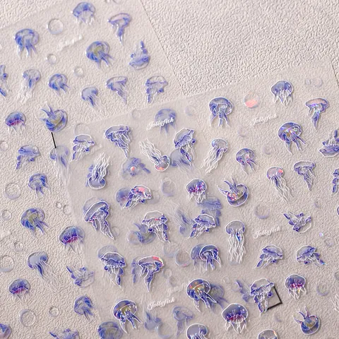 3D Relief Jellyfish Nail Stickers Holographic Iridescent Ocean Theme Embossed Nail Art Decals For Women DIY Decoration