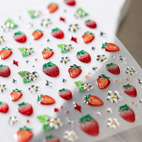 5D Embossed Strawberry Nail Art Stickers Self Adhesive Fruit Flower Glitter Decals For Women DIY Manicure Decoration
