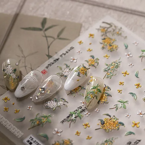 5D Geprägt Osmanthus Blume Nagelkunst Aufkleber Chinesischer Stil Kalligraphie Blumig Maniküre Decals Selbstklebend Ultradünn Nagel Dekoration