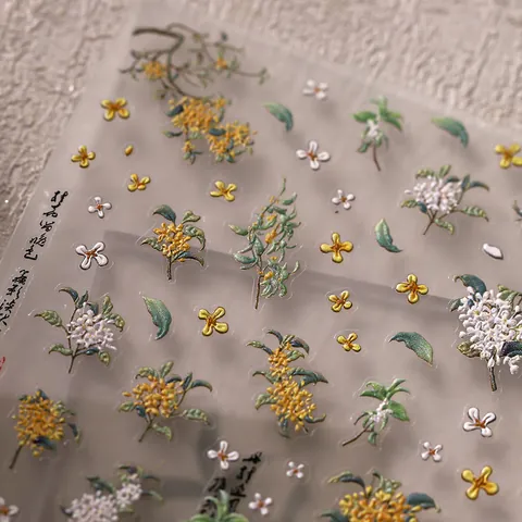 5D Geprägt Osmanthus Blume Nagelkunst Aufkleber Chinesischer Stil Kalligraphie Blumig Maniküre Decals Selbstklebend Ultradünn Nagel Dekoration