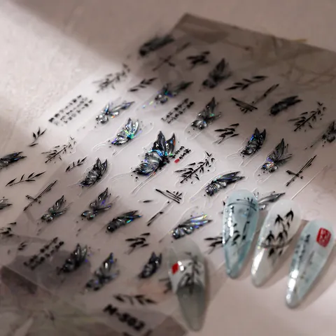 Holographic Laser Butterfly Nail Art Stickers New Chinese Style Ink Bamboo Design Ultra Thin Self Adhesive Decals M-502