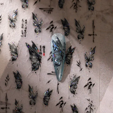 Holographic Laser Butterfly Nail Art Stickers New Chinese Style Ink Bamboo Design Ultra Thin Self Adhesive Decals M-502