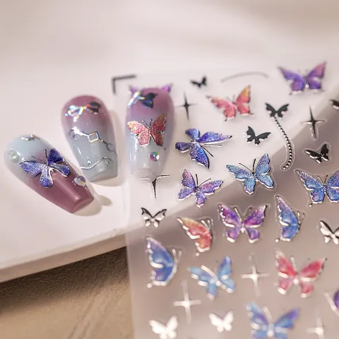 Butterfly Nail Art Stickers Holographic Laser Embossed Gradient Glitter 3D Self-Adhesive Nail Decals For Women Manicure Decor