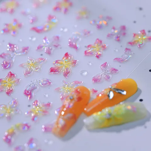 3D Embossed Nail Art Stickers Iridescent Laser Flower Butterfly Pattern Ultra Thin Self Adhesive Nail Decals For Women Manicure Decoration