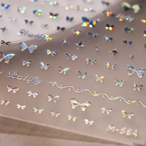 Butterfly Nail Art Stickers Holographic Laser Embossed Gradient Glitter 3D Self-Adhesive Nail Decals For Women Manicure Decor
