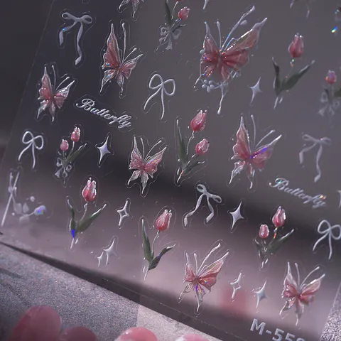 3D Iridescent Pink Tulip Butterfly Nail Art Stickers Embossed Bow Design Adhesive Decals For Women DIY Manicure Decoration