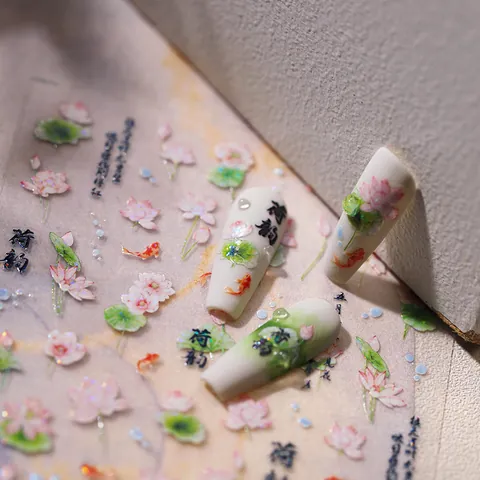 Chinese Style Lotus Koi Bronzing 3D Nail Art Stickers Self-Adhesive Nail Decals Floral Fish Manicure Decoration For Women