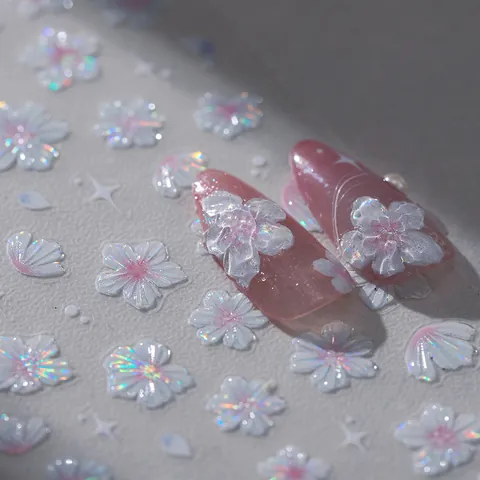 3D Reliëf Aurora Bloem Nagelstickers Zelfklevend 5D Reliëf Iriserend Kersenbloem Ster Nail Art Decals Voor Vrouwen Decoratie