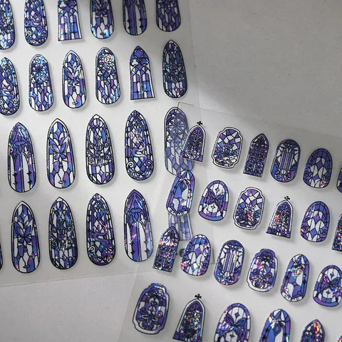 Gothic Stained Glass Holographic Nail Stickers 3D Relief Laser Glitter French Glazed Frosted Self-Adhesive Nail Art Decals Women