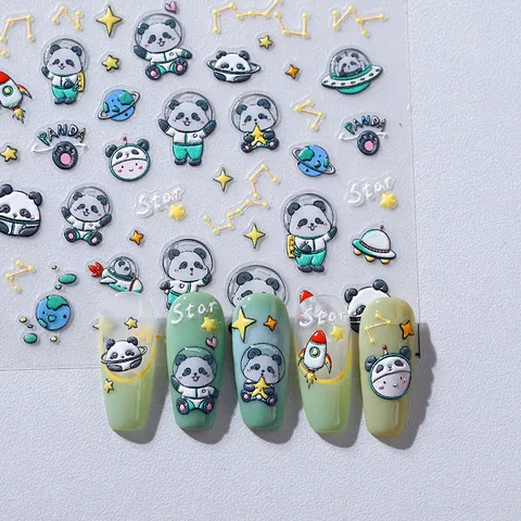 Space Panda Astronaut 3D Relief Nail Art Stickers Frosted Bronzing Shell Light Star Rocket Planet DIY Manicure Decor