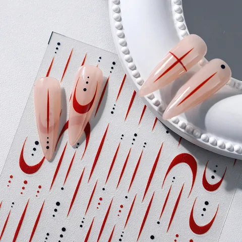 5D Relief Nail Art Stickers Abstract Red Lines Black Dots Minimalist Adhesive Nail Decals Manicure DIY Decoration