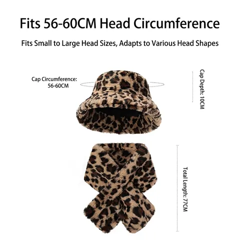 Women Winter Faux Fur Leopard Print Bucket Hat And Scarf Set Warm Plush Outdoor Windproof Fisherman Hat Neck Warmer