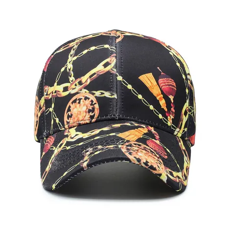 Berretto da Baseball Vintage con Stampa Barocca Catena Dorata Nappina Nero Misto Cotone Regolabile Hip Hop Streetwear