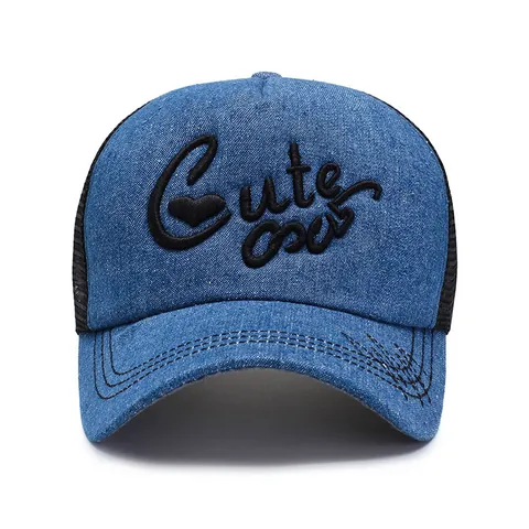 Gorra de Béisbol Denim con Bordado de Letra Cute para Mujer Hombre Gorra Trucker de Malla Transpirable Protección Solar al Aire Libre Snapback Ajustable Accesorio de Moda Casual