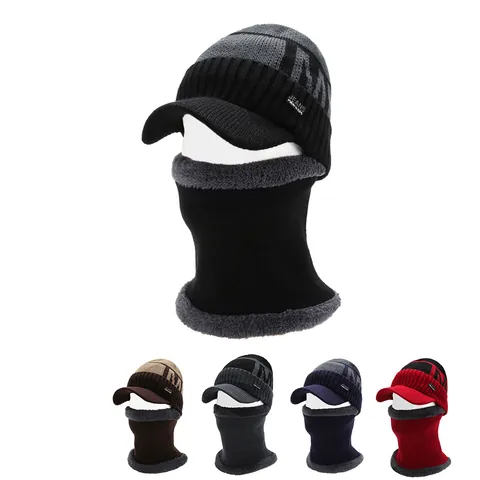 Winter Knit Hat And Neck Warmer Set For Men Women Thick Fleece Lined Warm Beanie Hat With Brim Outdoor Cycling Headwear