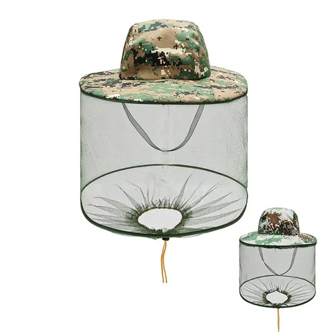 Chapeau Moustiquaire Camouflage Extérieur Avec Voile en Maille Protection Solaire Chapeau de Pêche Randonnée pour Homme Femme Large Bord Réglable
