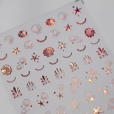 3D Relief Holografische Ozean Nagelaufkleber Roségold Laser Heißprägen Muschel Seestern Künstliche Perlenkette Selbstklebende Nagelkunst Aufkleber