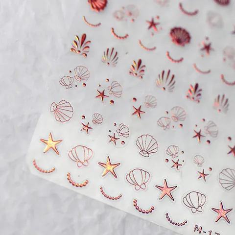 3D Relief Holografische Ozean Nagelaufkleber Roségold Laser Heißprägen Muschel Seestern Künstliche Perlenkette Selbstklebende Nagelkunst Aufkleber