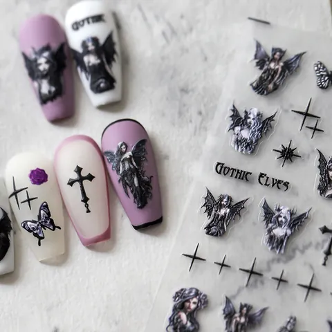 5D Relieve Pegatinas para Uñas Elfos Góticos Ángel Oscuro Cruz Mariposa Rosa 3D Autoadhesivas Decoración de Manicura para Mujer