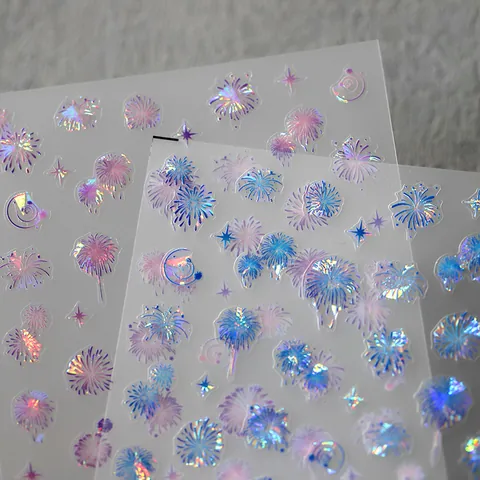 Firework Nail Art Stickers 3D Relief Holographic Laser Stars Moon Pattern Self Adhesive Decals For Women