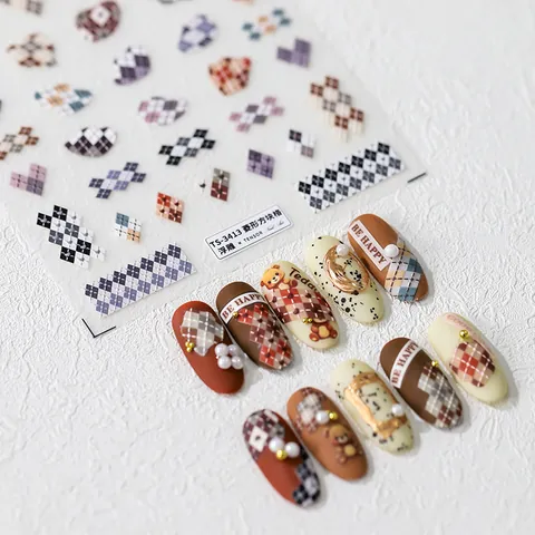 Argyle Karo PET Nagelaufkleber Geprägt Stereoskopisch Selbstklebend Retro Britischer Stil Nagelkunst Deko Damen