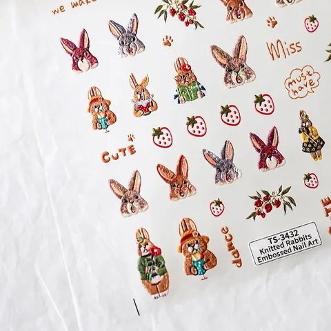 5D Reliëf Nagelstickers Borduurwerk Konijn Bloem Ontwerp Schattige Cartoon Manicure Decals DIY Decoratie
