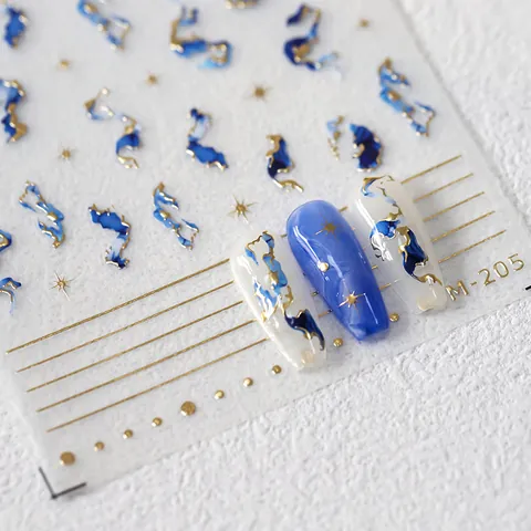 5D Relief Nail Art Stickers Blue Marble Gold Hot Stamping Star Line Design Self Adhesive PET Manicure Decals Decoration