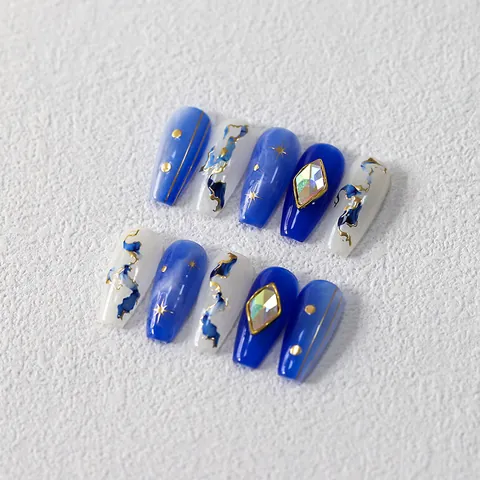 5D Relief Nail Art Stickers Blue Marble Gold Hot Stamping Star Line Design Self Adhesive PET Manicure Decals Decoration