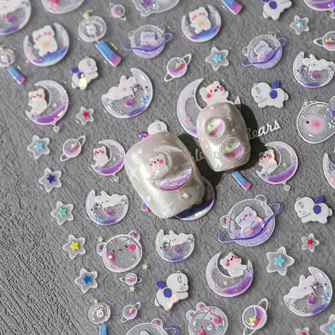 3D Relief Nail Stickers Laser Glitter Cartoon Bear Star Moon Design Nail Art DIY Decoration For Women Girls Cute Dreamy Style