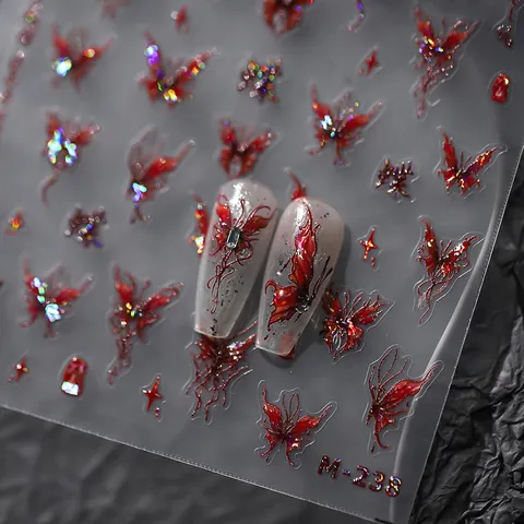 5D Relief Butterfly Nail Art Stickers Holographic Laser Metallic Gothic Red Orange Star DIY Manicure Back Adhesive Decals
