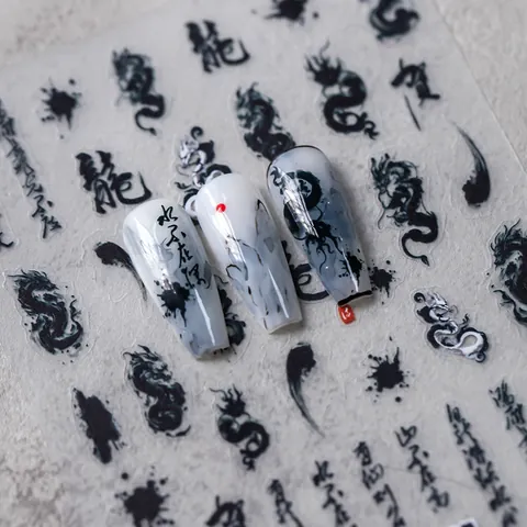 Stickers à Ongles Style Encre Chinoise Dragon Calligraphie Traditionnelle Décalcomanies Auto-adhésives Décoration Manucure