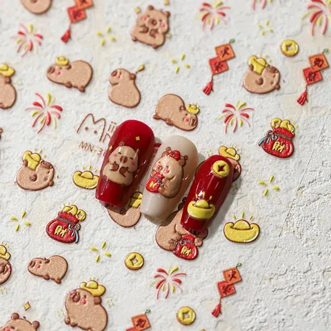 5D Embossed Capybara Nail Art Stickers Cute Cartoon Chinese New Year Gold Ingot Winter Christmas Snowflake Decoration