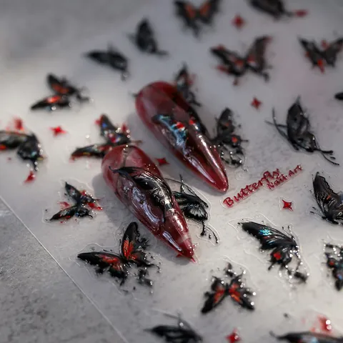 5D Geprägte Schmetterling Nagelkunst Aufkleber Gothic Rot Schwarz Selbstklebend Maniküre Dekoration Für Damen Nagel DIY Zubehör