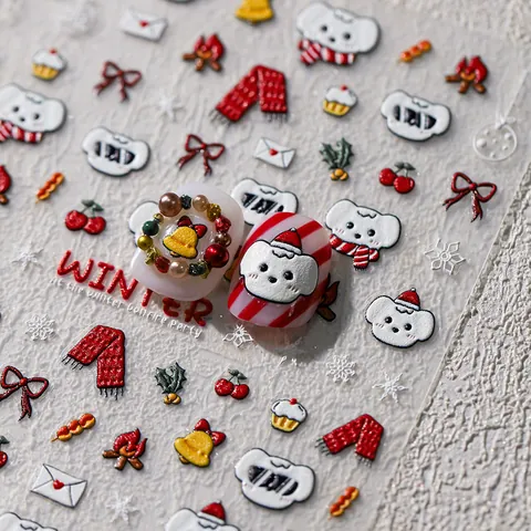 Embossed Nail Art Stickers Winter Puppy Christmas Theme PET Adhesive Nail Decals For Women DIY Manicure Decoration