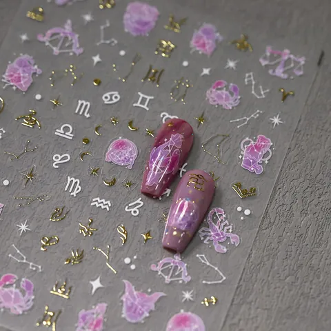 12 Sternzeichen Nagelkunst Aufkleber Gold Silber Heißfolienprägung Sternenhimmel Lila Farbverlauf DIY Maniküre Dekoration Nagelsticker