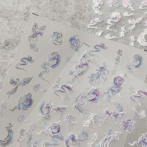 Chinesischer Stil Drachen Phönix Nagelkunst Aufkleber 3D Relief Holographisch Laser Selbstklebende Decals Für Damen DIY Nageldekoration