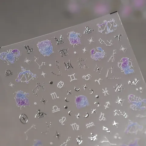 12 Sternzeichen Nagelkunst Aufkleber Gold Silber Heißfolienprägung Sternenhimmel Lila Farbverlauf DIY Maniküre Dekoration Nagelsticker