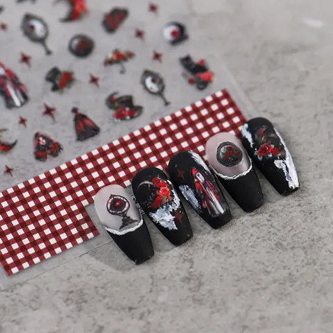 Gotisch Dunkle Herzogin Rose Nagelaufkleber 5D Geprägt Retro Schwarze Katze Spiegel Design Selbstklebend DIY Maniküre Nagelkunst Dekoration Damen