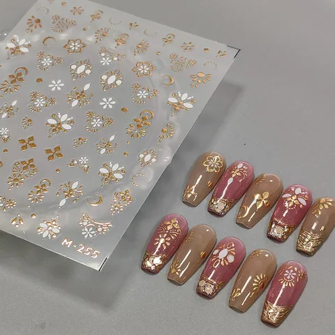 Vintage Gold Weiß Blume Mond Stern Nagelkunst Aufkleber Bronzieren Geprägtes Design Selbstklebend Bohemian Nagel Decals Für Damen DIY Maniküre Dekoration