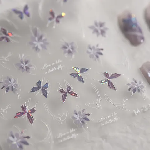 Purple Butterfly Holographic Nail Stickers Laser Flower Self-Adhesive Nail Art Decals For Women DIY Manicure Decoration