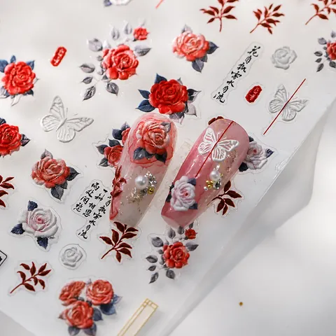 Vintage 3D Embossed Floral Butterfly Nail Stickers Chinese Style Rose Calligraphy Self Adhesive Manicure Decals For Women
