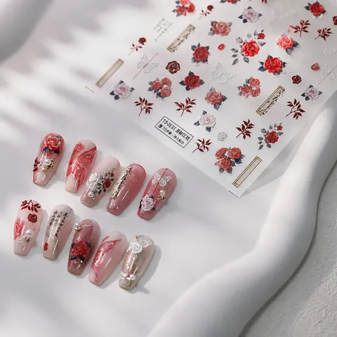 Vintage 3D Embossed Floral Butterfly Nail Stickers Chinese Style Rose Calligraphy Self Adhesive Manicure Decals For Women
