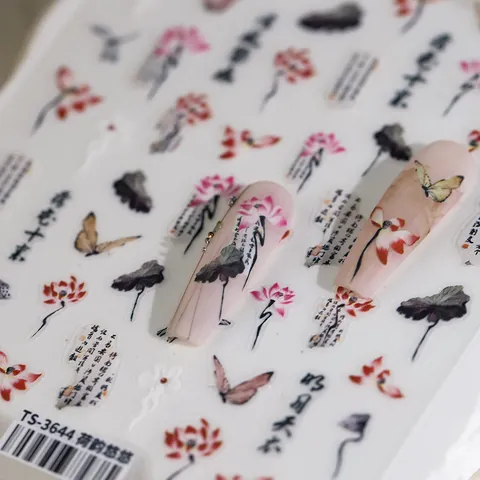 Autocollants de Nail Art en Relief 5D Style Encre Chinoise Papillon Fleur Calligraphie Décalcomanies pour Femmes Décoration de Manucure DIY