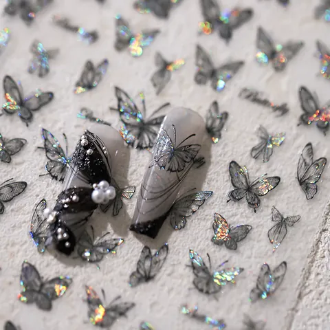 Butterfly Nail Stickers Ultra Thin Holographic Laser Embossed Butterfly Design Back Glue Decals For Women Manicure Decoration