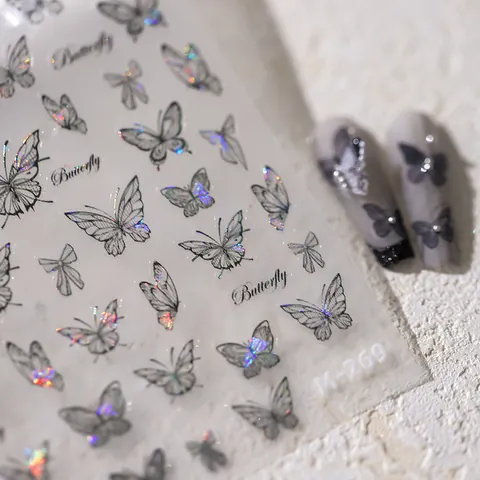 Butterfly Nail Stickers Ultra Thin Holographic Laser Embossed Butterfly Design Back Glue Decals For Women Manicure Decoration