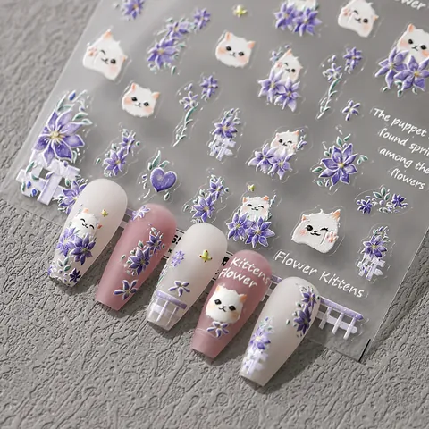 Calcomanías de Uñas en Relieve 3D 5D Lindo Gato Blanco Flor Púrpura Pegatinas Autoadhesivas Para Mujer Decoración de Manicura DIY