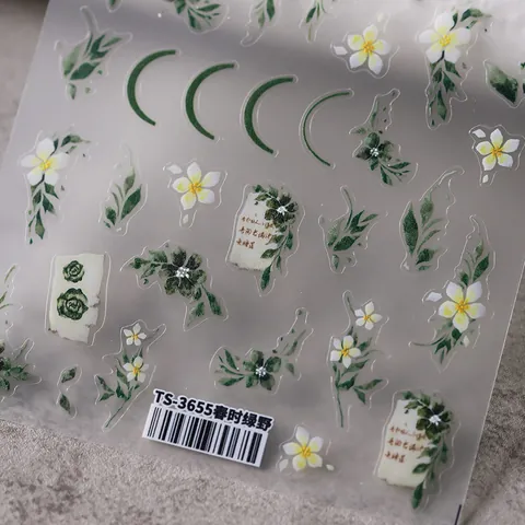 Nagelkunst Aufkleber 3D Relief Frisch Grünes Blatt Weißes Blumenmuster Ultradünne DIY Maniküre Dekor Für Damen TS-3655