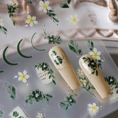 Nagelkunst Aufkleber 3D Relief Frisch Grünes Blatt Weißes Blumenmuster Ultradünne DIY Maniküre Dekor Für Damen TS-3655