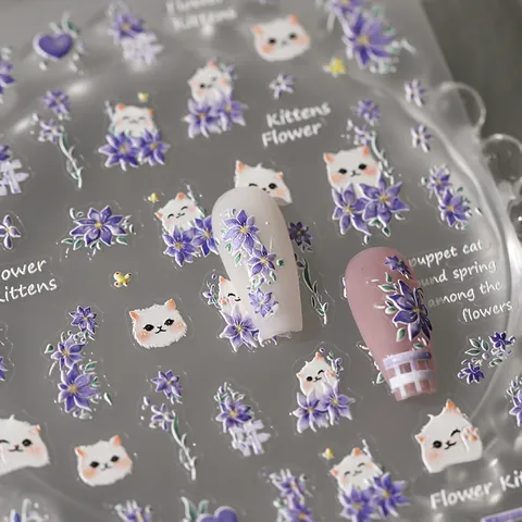 Calcomanías de Uñas en Relieve 3D 5D Lindo Gato Blanco Flor Púrpura Pegatinas Autoadhesivas Para Mujer Decoración de Manicura DIY
